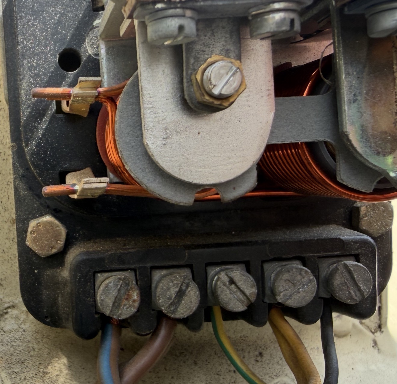 The sprung brass adjusting screws on the RB106/2 frame: the voltage-regulator bobbin above, with the terminal block and its cable colours below.