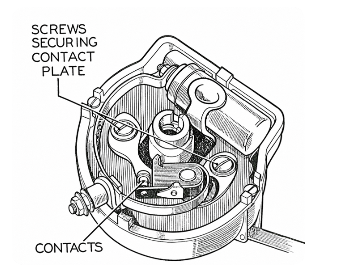Line drawing of the inside of an SU fuel pump contact plate, showing two screws securing the plate, the pivoting pedestal, and the lower contact points