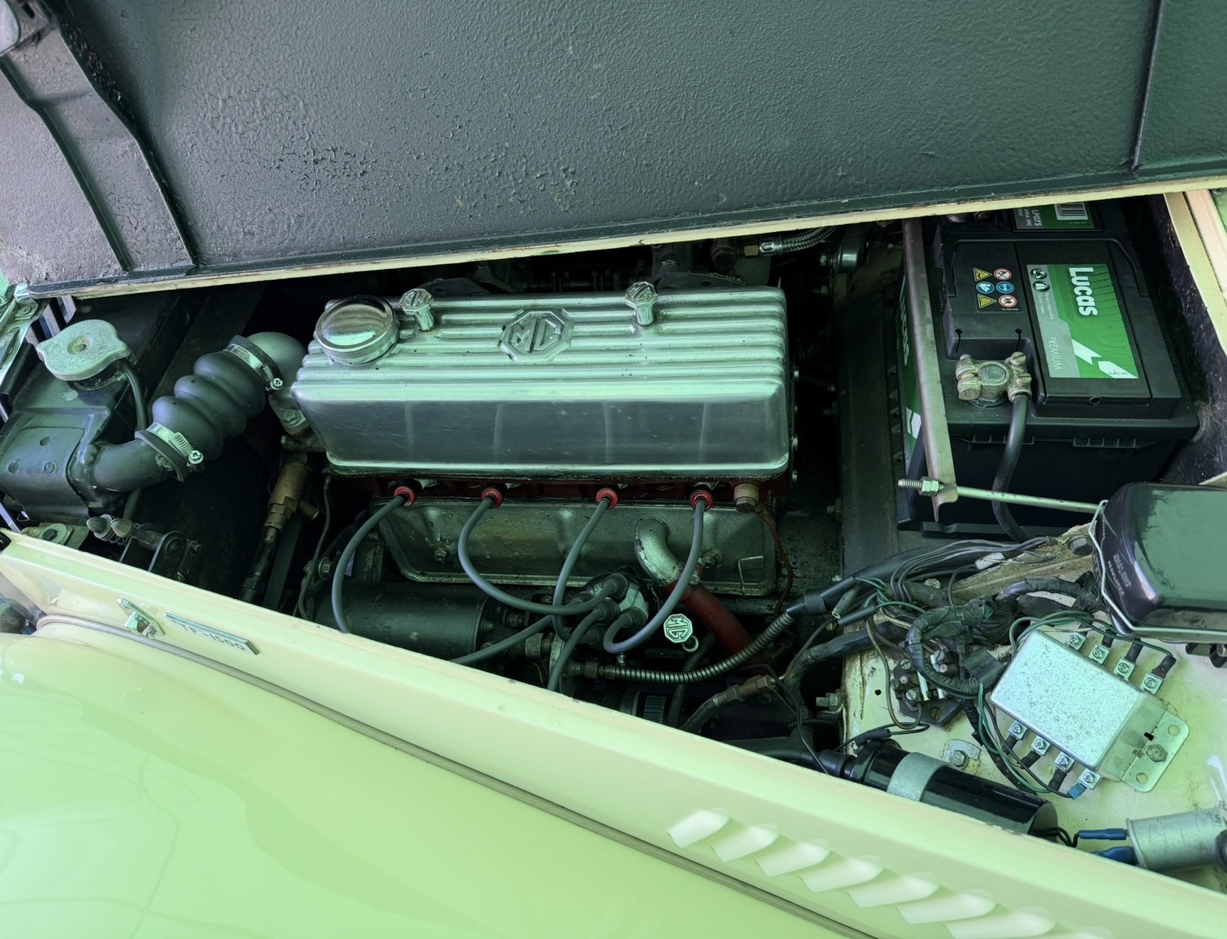 The nearside of the author's TF 1500 engine bay: spark plugs, HT leads, coil and voltage regulator, the parts touched at every tune-up.
